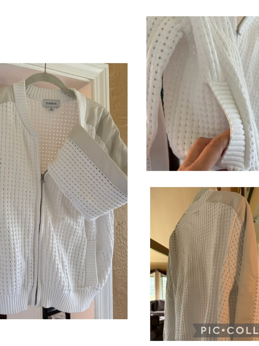 Evereve White Perforated Knit Bomber with Smooth Shoulder Insets